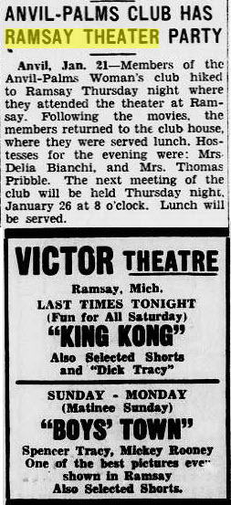 Ramsay Theatre - JAN 21 1939 ARTICLE AND AD FOR VICTOR